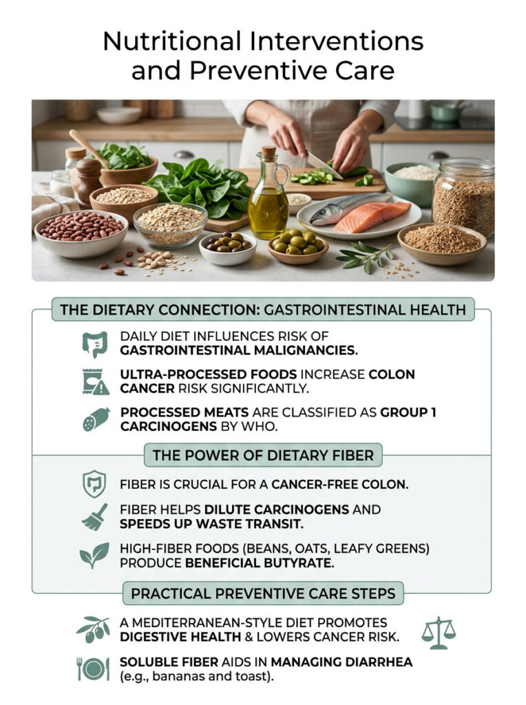 Infographic on nutritional interventions showing foods, dietary fiber benefits, and gastrointestinal health statistics.