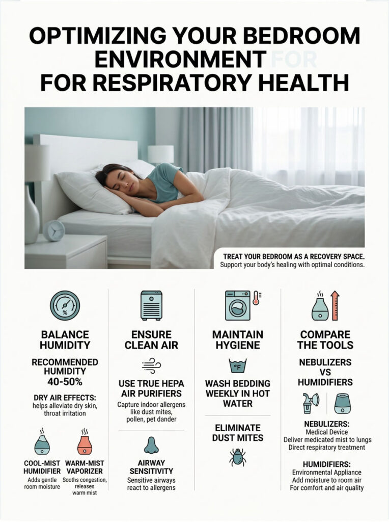 Infographic on optimizing bedroom environment for respiratory health, featuring tips on humidity, air quality, and hygiene.