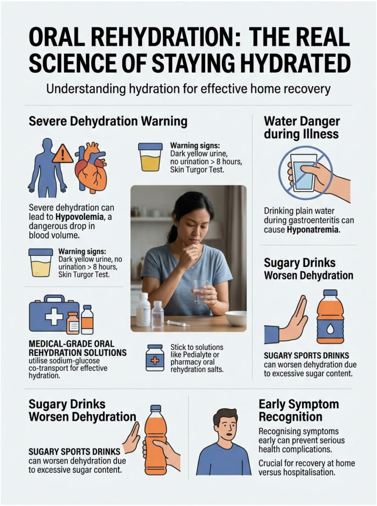 Infographic on oral rehydration, showing hydration tips, dehydration signs, and hydration solutions.