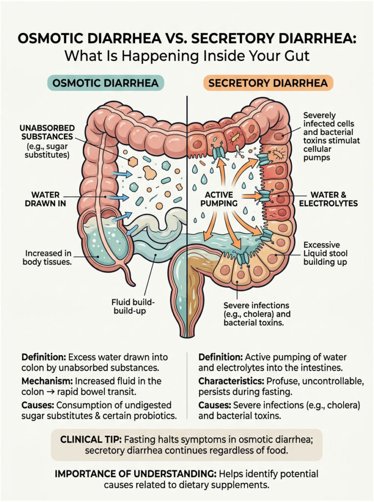 Infographic comparing osmotic diarrhea and secretory diarrhea, showing causes, mechanisms, and symptoms with illustrations.