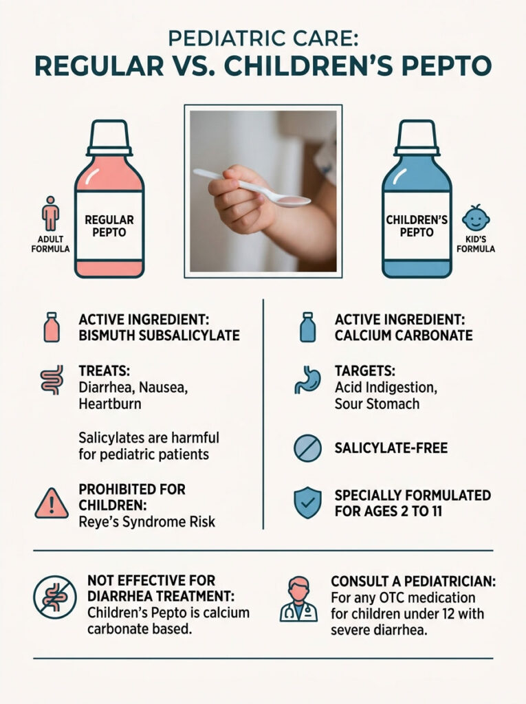 Comparison of Regular Pepto and Children's Pepto with ingredients, uses, and age recommendations. Infographic.
