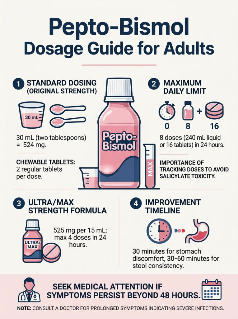 Pepto-Bismol dosage guide for adults showing dosing, limits, and timelines with illustrations and icons. Infographic.
