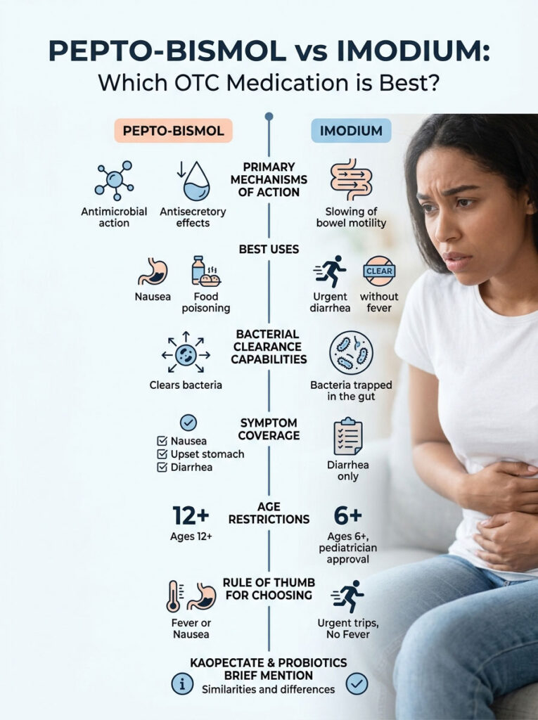 Comparison of Pepto-Bismol and Imodium with icons, charts, and text on uses, mechanisms, and age restrictions. Infographic.