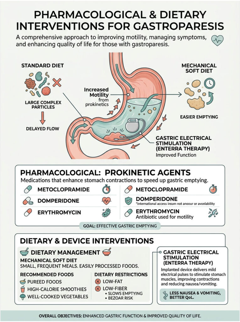 Infographic on pharmacological and dietary interventions for gastroparesis, detailing diets, medications, and goals.