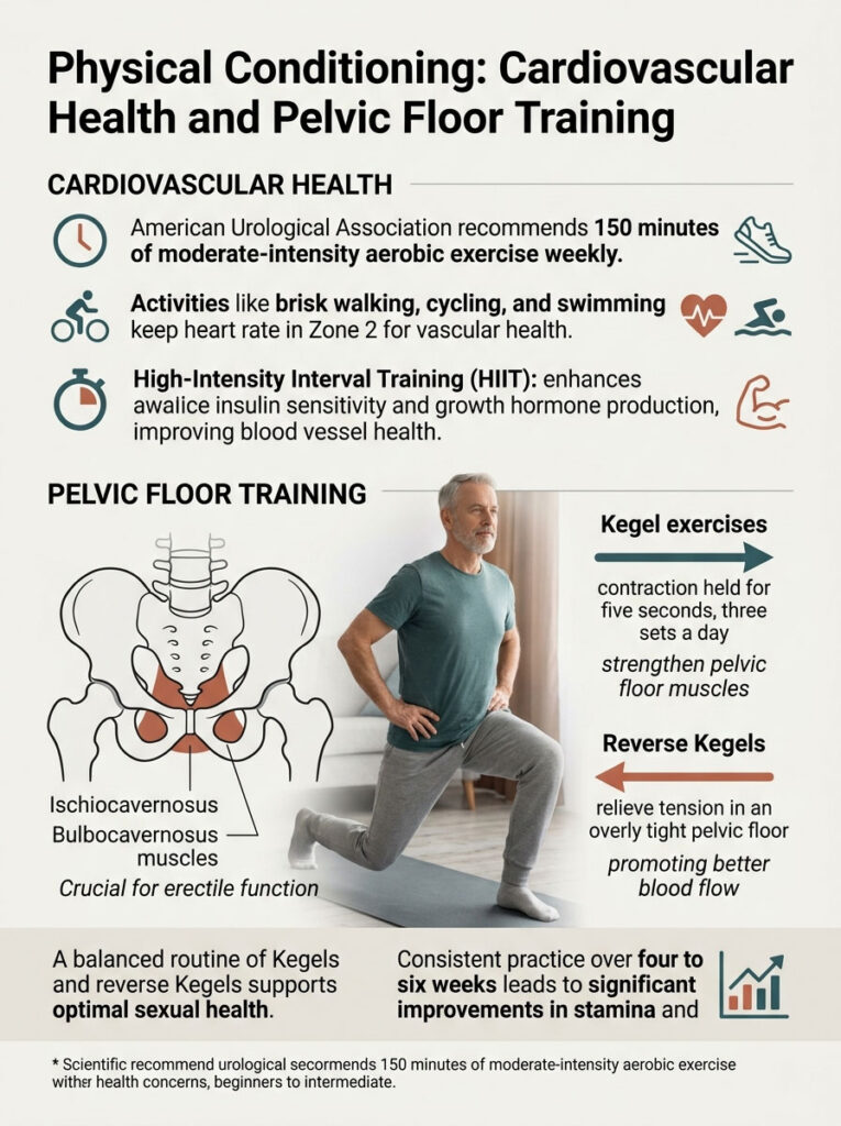 Infographic on cardiovascular health and pelvic floor training, featuring exercise recommendations and diagrams of muscles.