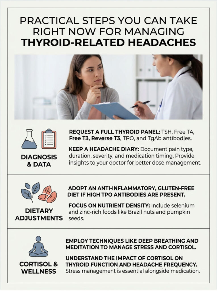 Infographic detailing steps for managing thyroid-related headaches, including diagnosis, dietary adjustments, and wellness tips.