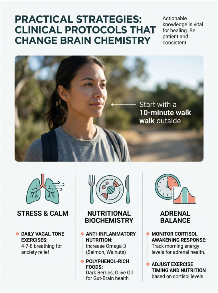 Woman outdoors with tips on stress, nutrition, and adrenal balance in an infographic format.