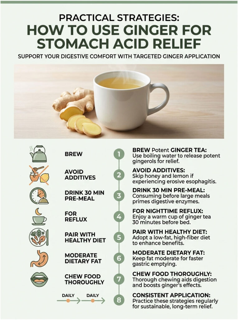 Infographic detailing practical strategies for using ginger for stomach acid relief, including tea preparation and dietary tips.