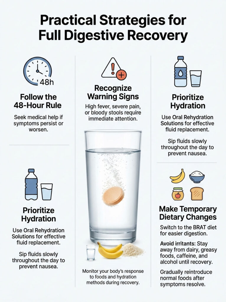 Infographic detailing strategies for digestive recovery, including hydration tips and dietary changes.