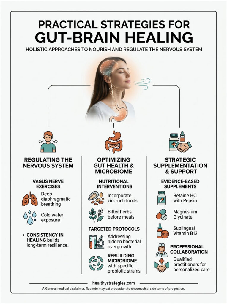 Infographic on gut-brain healing strategies with sections on nervous system regulation and gut health optimization.