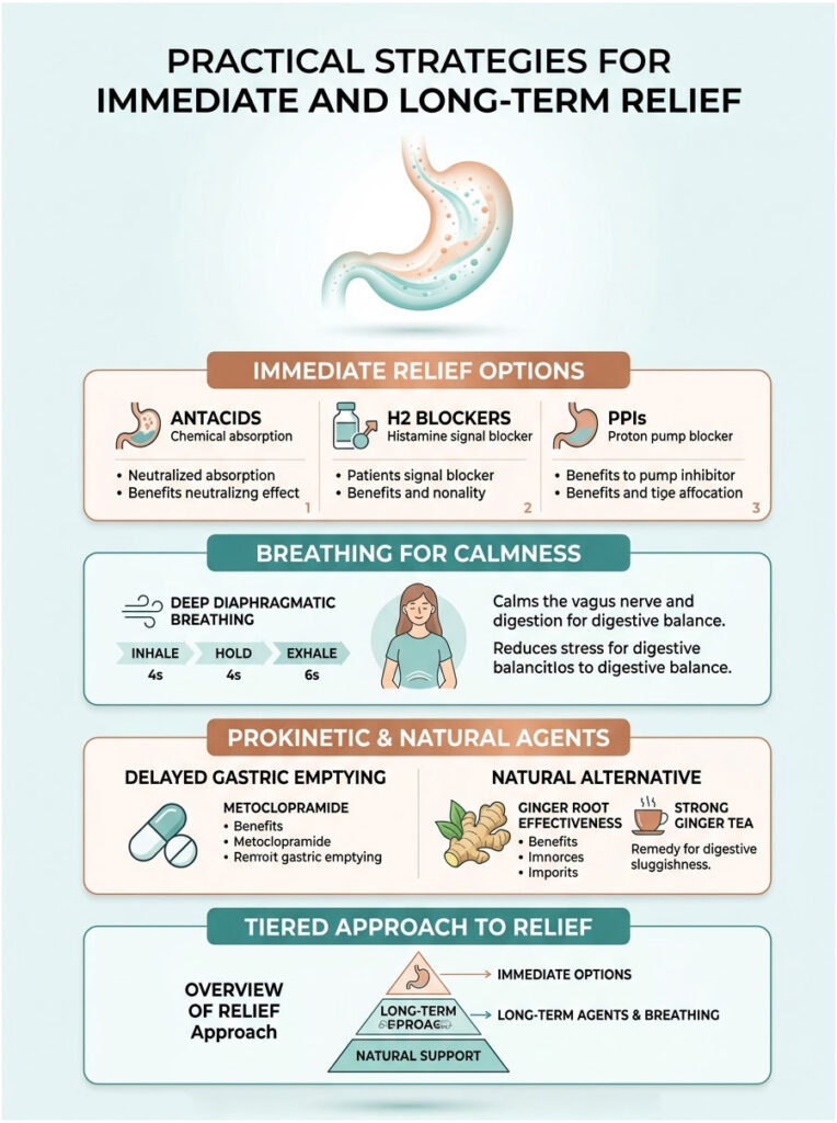 Infographic showing strategies for digestive relief, including immediate options and breathing techniques for calmness.