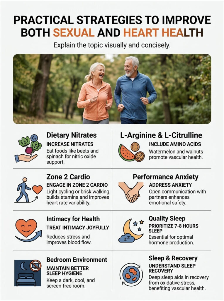 Infographic detailing strategies for improving sexual and heart health with text and icons for each strategy.