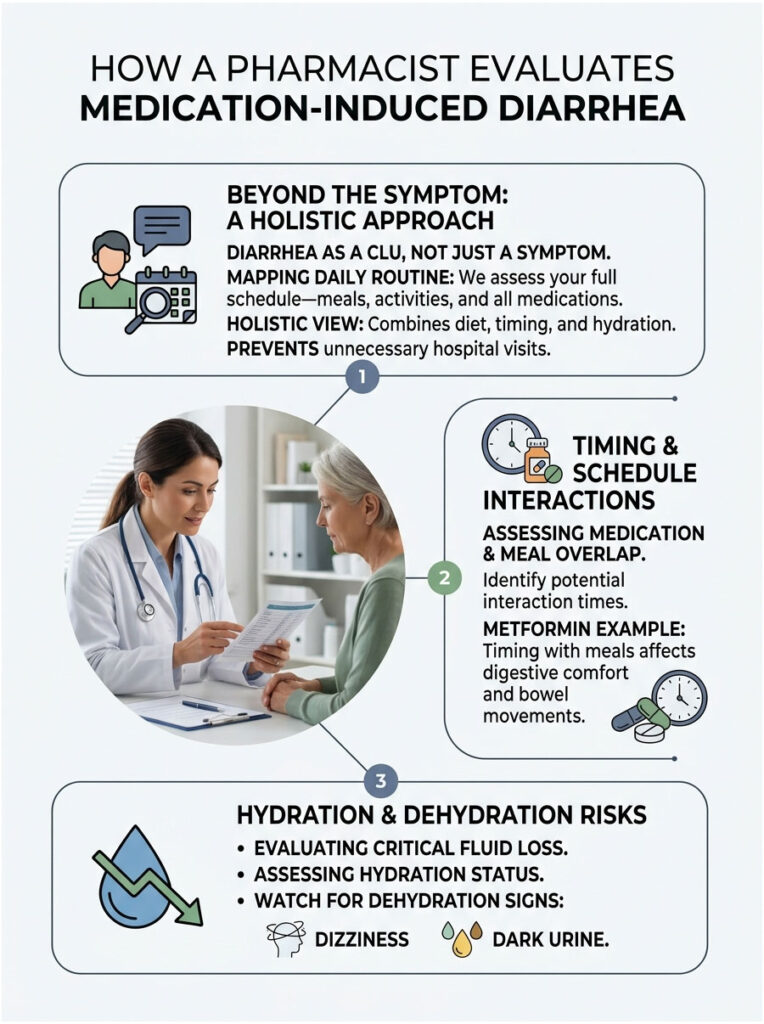 Infographic detailing how pharmacists evaluate medication-induced diarrhea with charts and icons on hydration and timing.