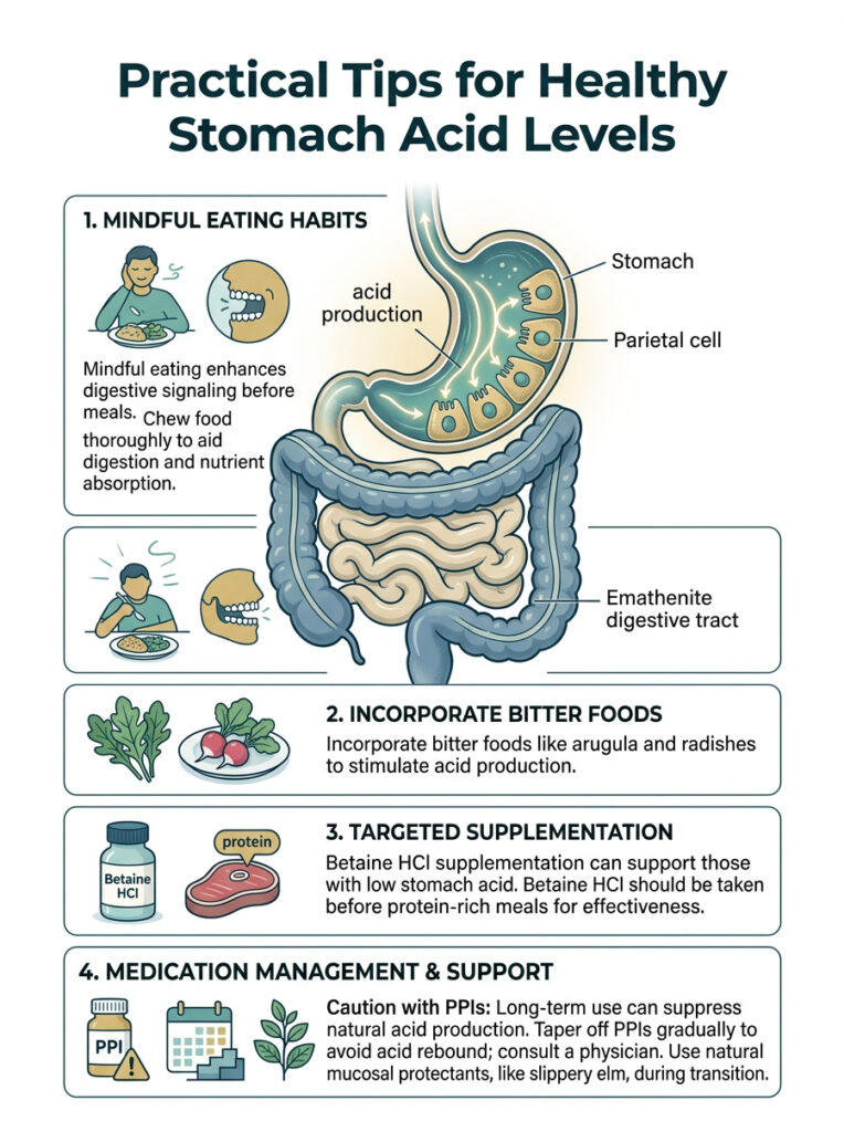 Infographic showing tips for healthy stomach acid levels, including mindful eating, bitter foods, supplementation, and medication management.