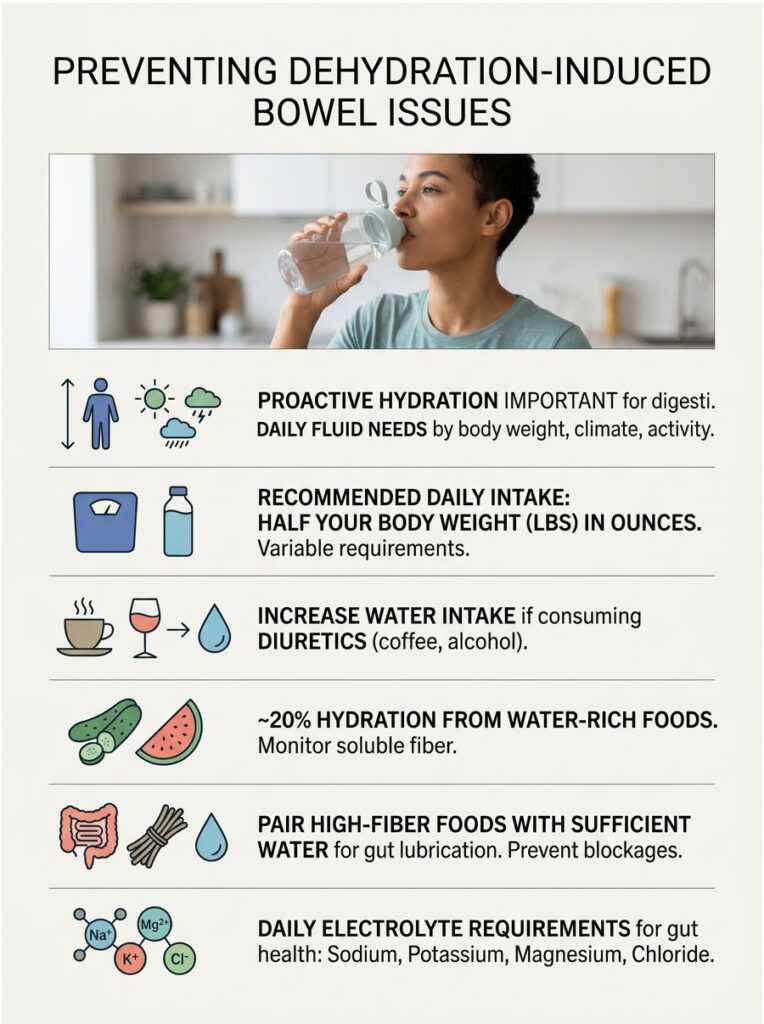 Infographic on preventing dehydration-induced bowel issues with hydration tips and daily fluid needs.