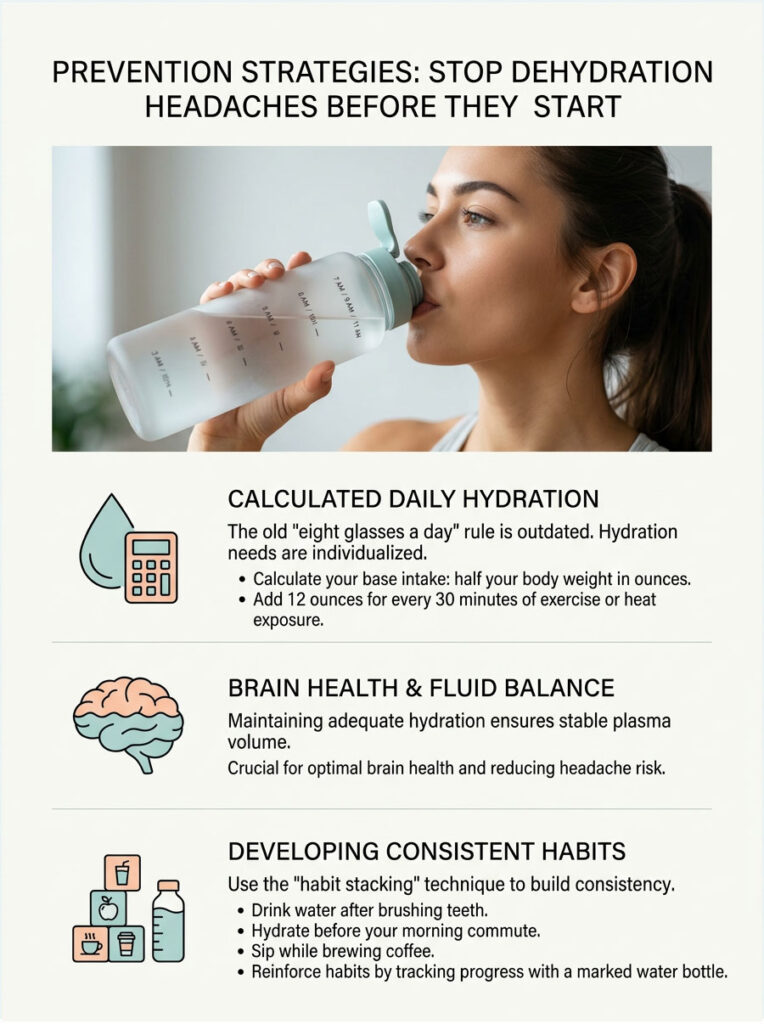 Infographic showing hydration strategies to prevent dehydration headaches with tips and illustrations.
