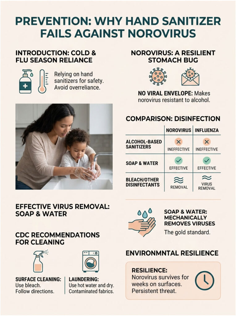 Infographic explaining why hand sanitizer is ineffective against norovirus, highlighting soap and water benefits.
