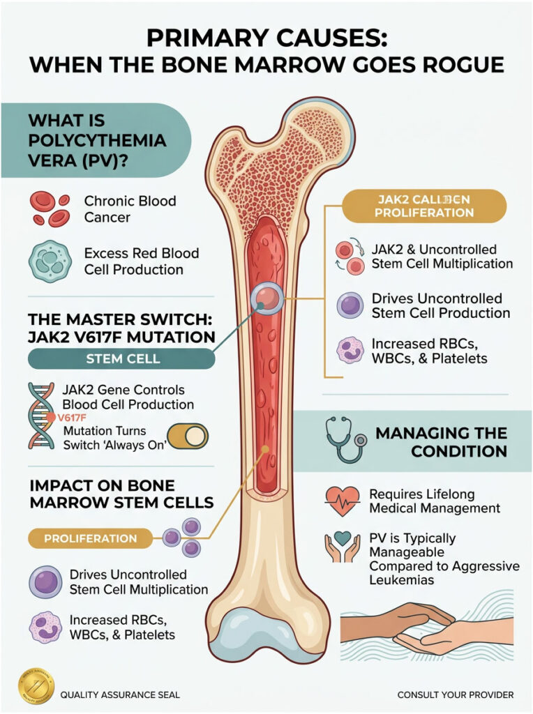 Infographic explaining polycythemia vera causes, JAK2 mutation, and management strategies with illustrations and icons.