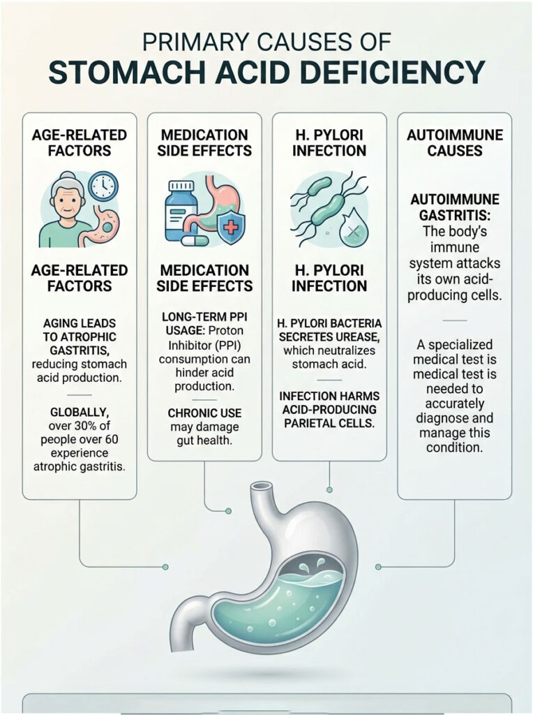 Infographic showing primary causes of stomach acid deficiency, including age-related factors and H. pylori infection.