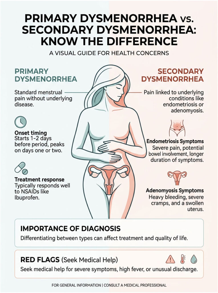 Infographic comparing primary and secondary dysmenorrhea, detailing symptoms, onset timing, and treatment response.