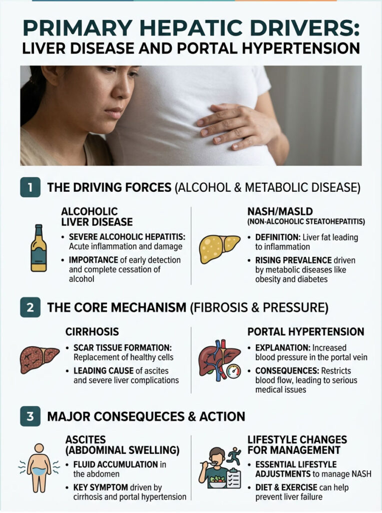 Infographic detailing liver disease causes, mechanisms, and consequences, including charts and icons related to health.