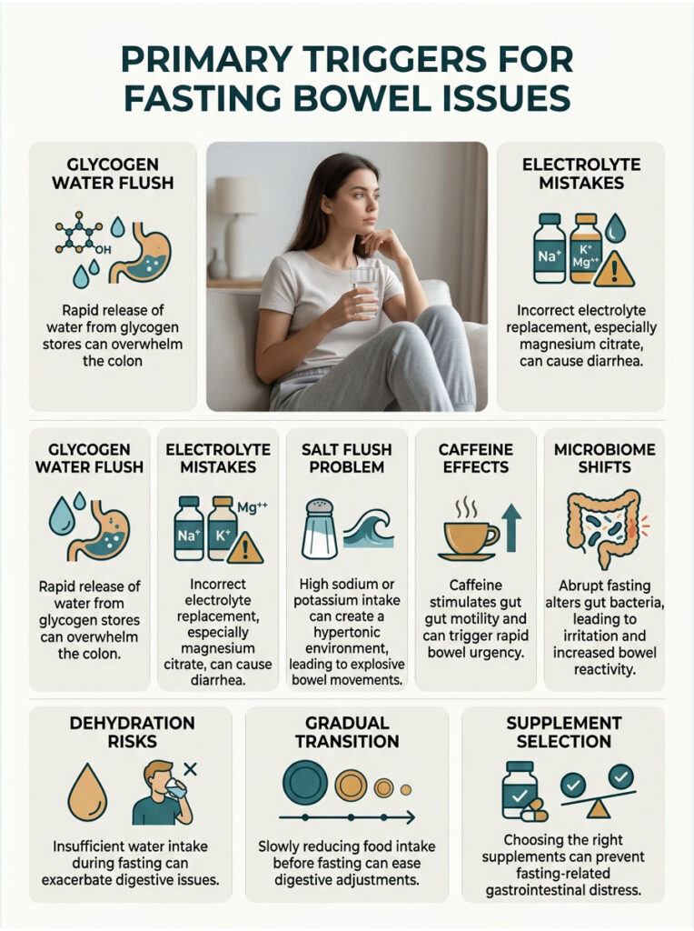 Infographic showing primary triggers for fasting bowel issues with illustrations and descriptions of each trigger.