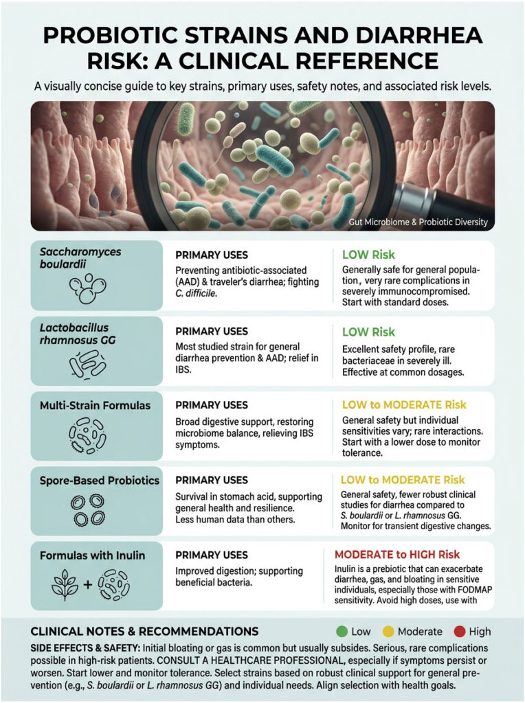 Infographic detailing probiotic strains, their uses, safety notes, and risk levels with illustrations and charts.