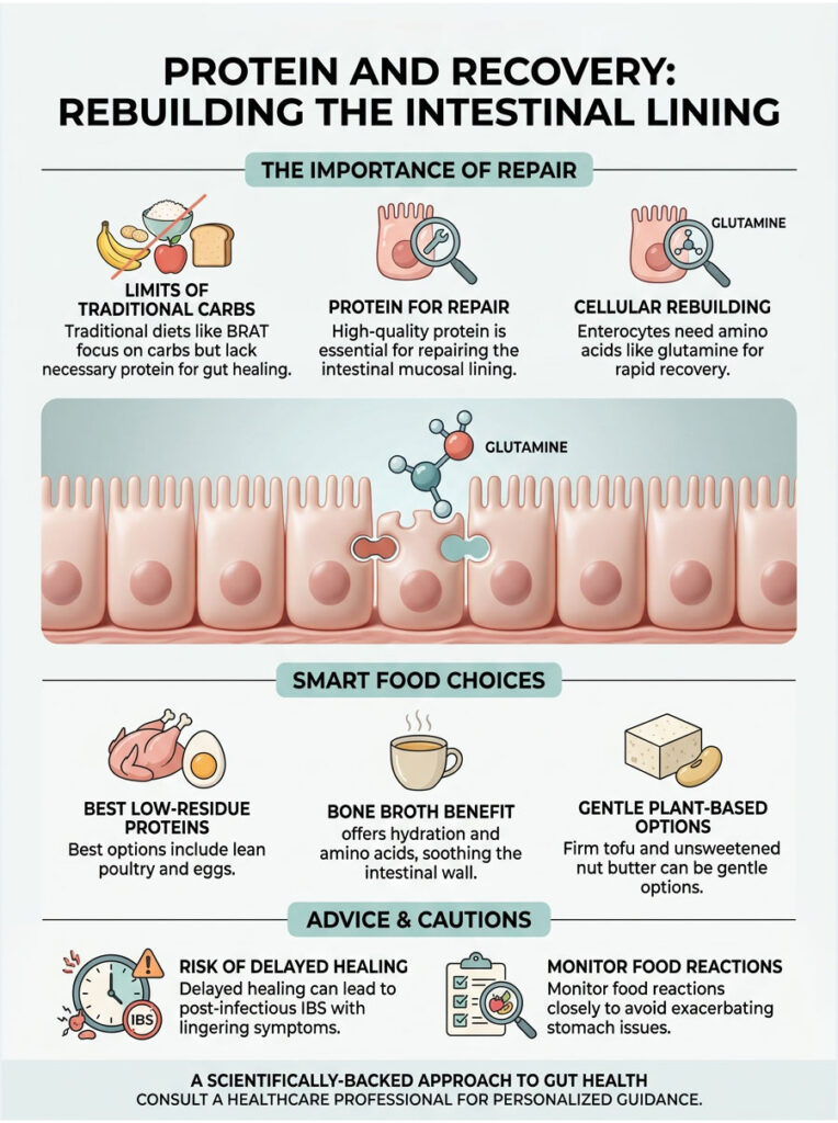 Infographic on protein and recovery, highlighting gut health, food choices, and healing advice.