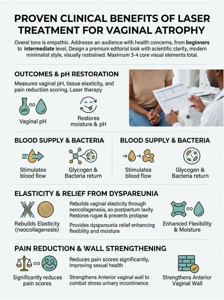 Infographic detailing clinical benefits of laser treatment for vaginal atrophy, including pH restoration and blood supply.