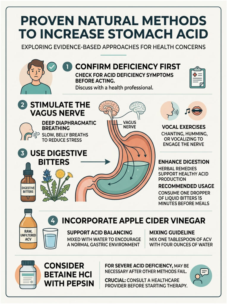 Infographic showing methods to increase stomach acid, including tips and illustrations for each method.