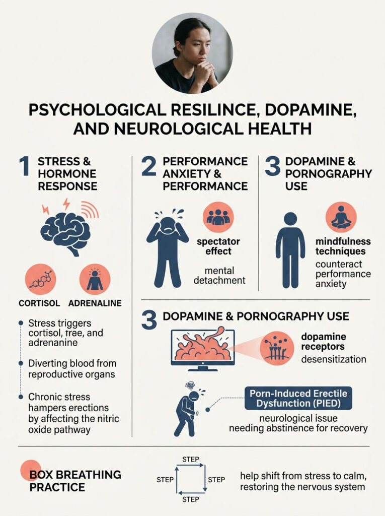 Infographic on psychological resilience, dopamine, and neurological health with charts on stress, performance anxiety, and pornography use.