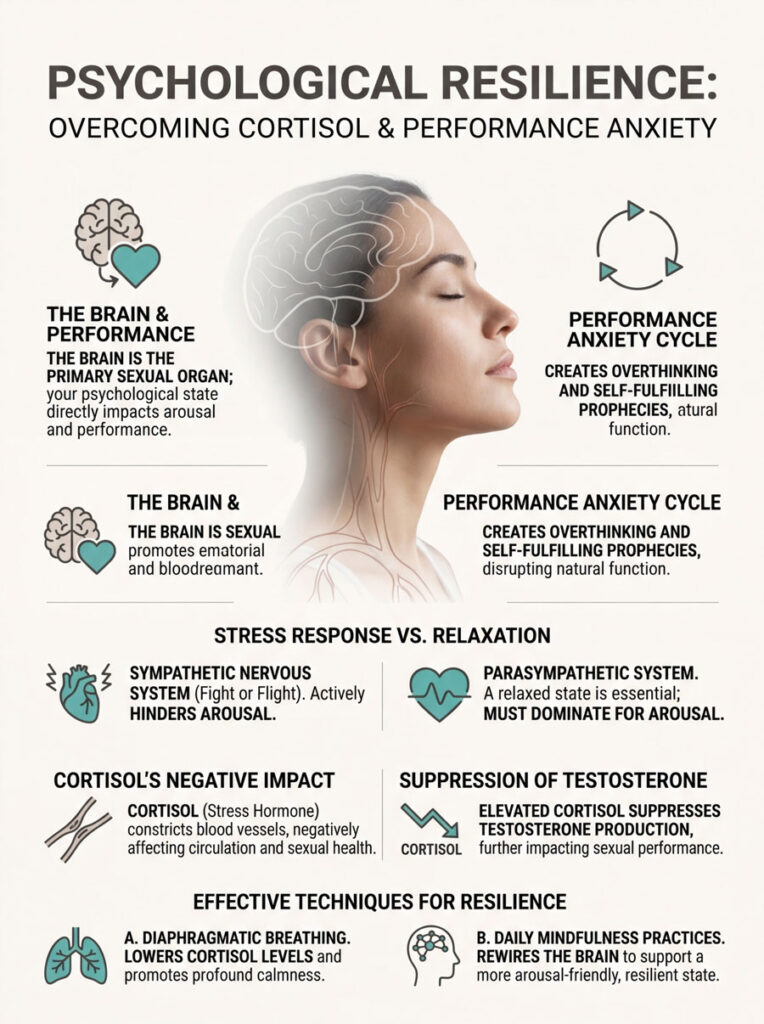 Infographic on psychological resilience, highlighting brain performance, anxiety cycles, and techniques for resilience.