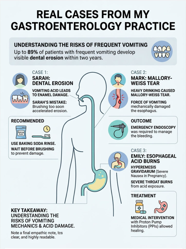 Infographic showing cases of dental erosion, Mallory-Weiss tear, and esophageal acid burns from vomiting.