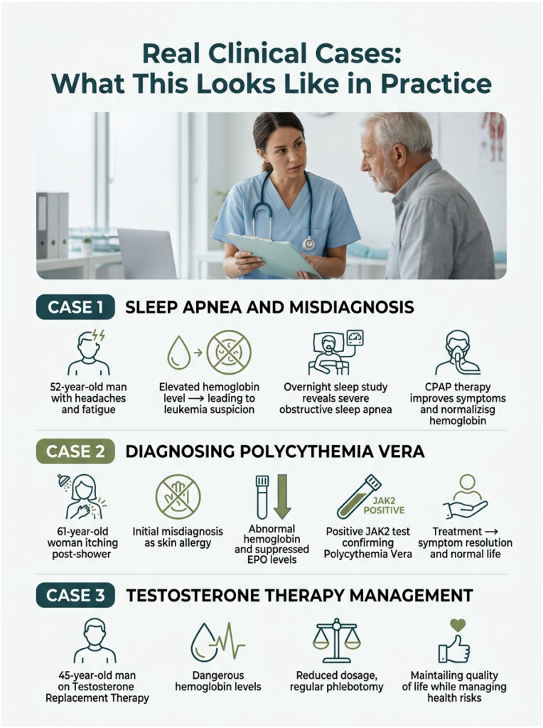 Infographic detailing three clinical cases: sleep apnea, polycythemia vera, and testosterone therapy management.