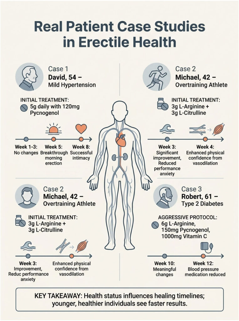 Infographic showing three patient case studies in erectile health with treatment details and outcomes.