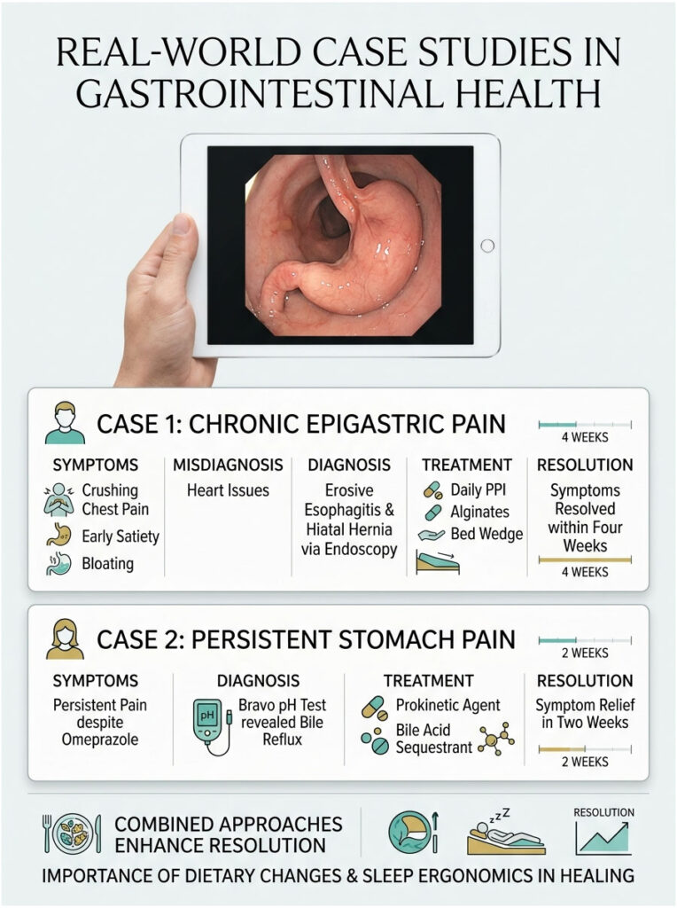 Infographic showing case studies in gastrointestinal health with symptoms, diagnoses, treatments, and resolutions.