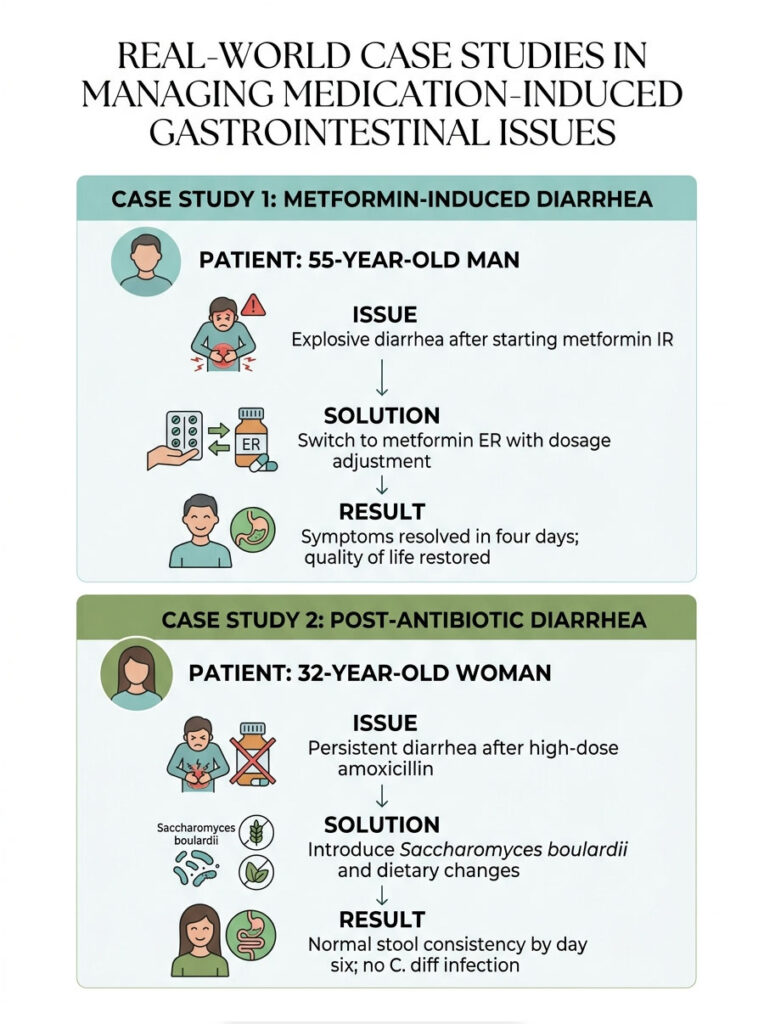 Infographic showing two case studies on medication-induced gastrointestinal issues with patient details and solutions.