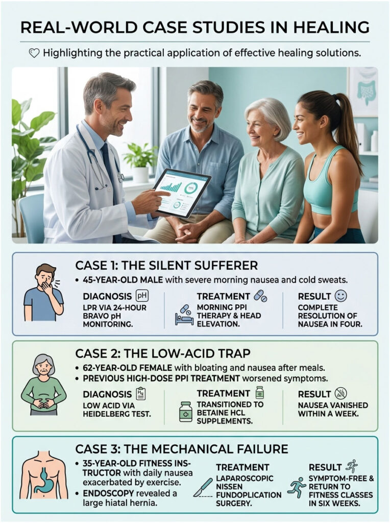 Infographic detailing three case studies in healing, including patient demographics, diagnoses, treatments, and results.