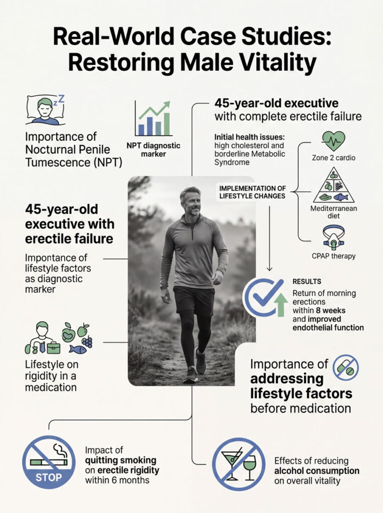 Infographic showing case studies on restoring male vitality, highlighting lifestyle changes and health statistics.