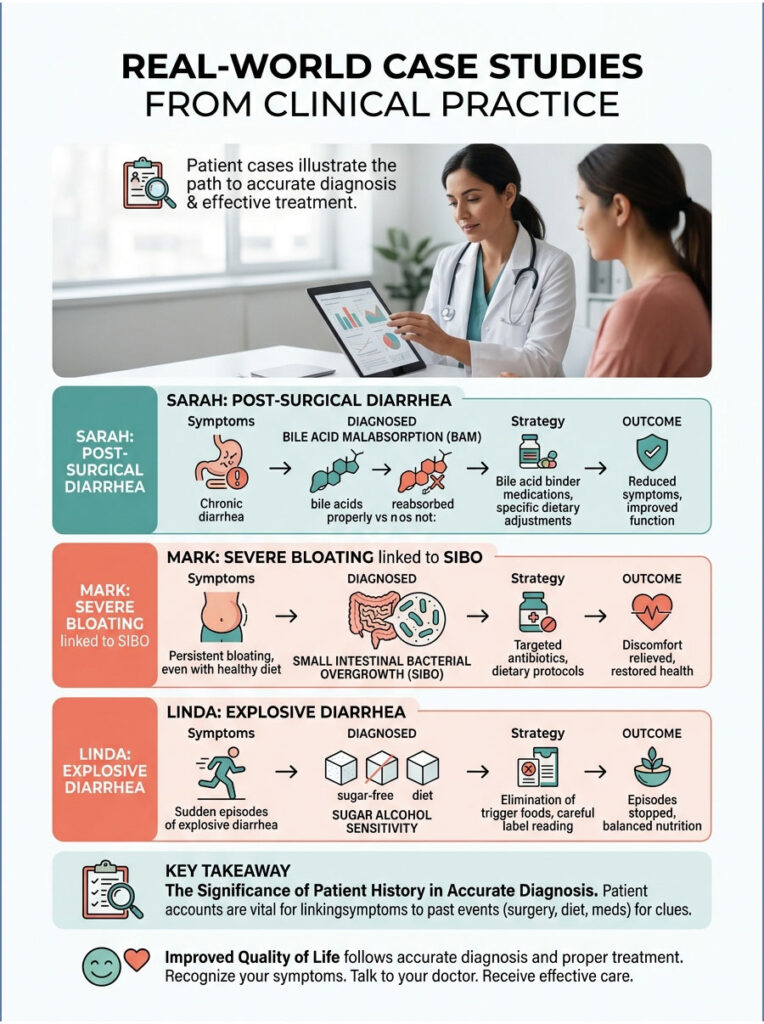 Infographic showing patient case studies on digestive issues, including symptoms, diagnoses, strategies, and outcomes.
