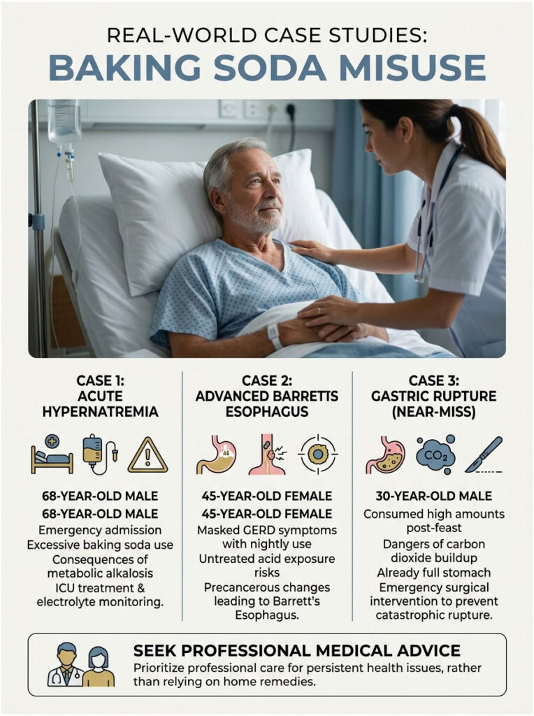 Infographic detailing three case studies on baking soda misuse, including patient demographics and health risks.