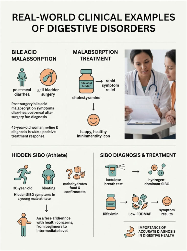 Infographic showing clinical examples of digestive disorders, including symptoms and treatments for bile acid malabsorption and SIBO.