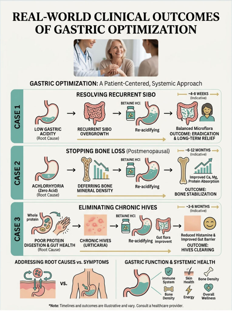 Infographic showing gastric optimization cases with icons for SIBO, bone loss, and chronic hives treatments and outcomes.