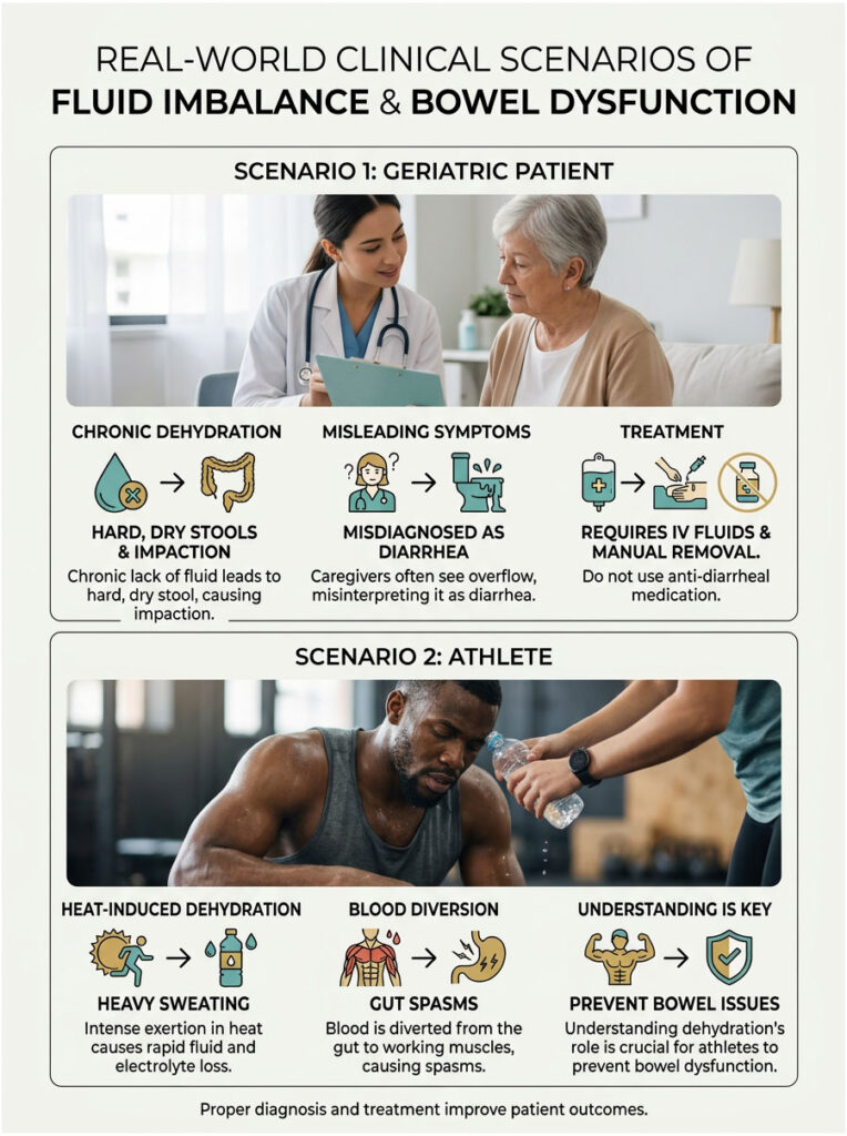 Infographic showing fluid imbalance and bowel dysfunction scenarios for geriatric patients and athletes with illustrations and text.
