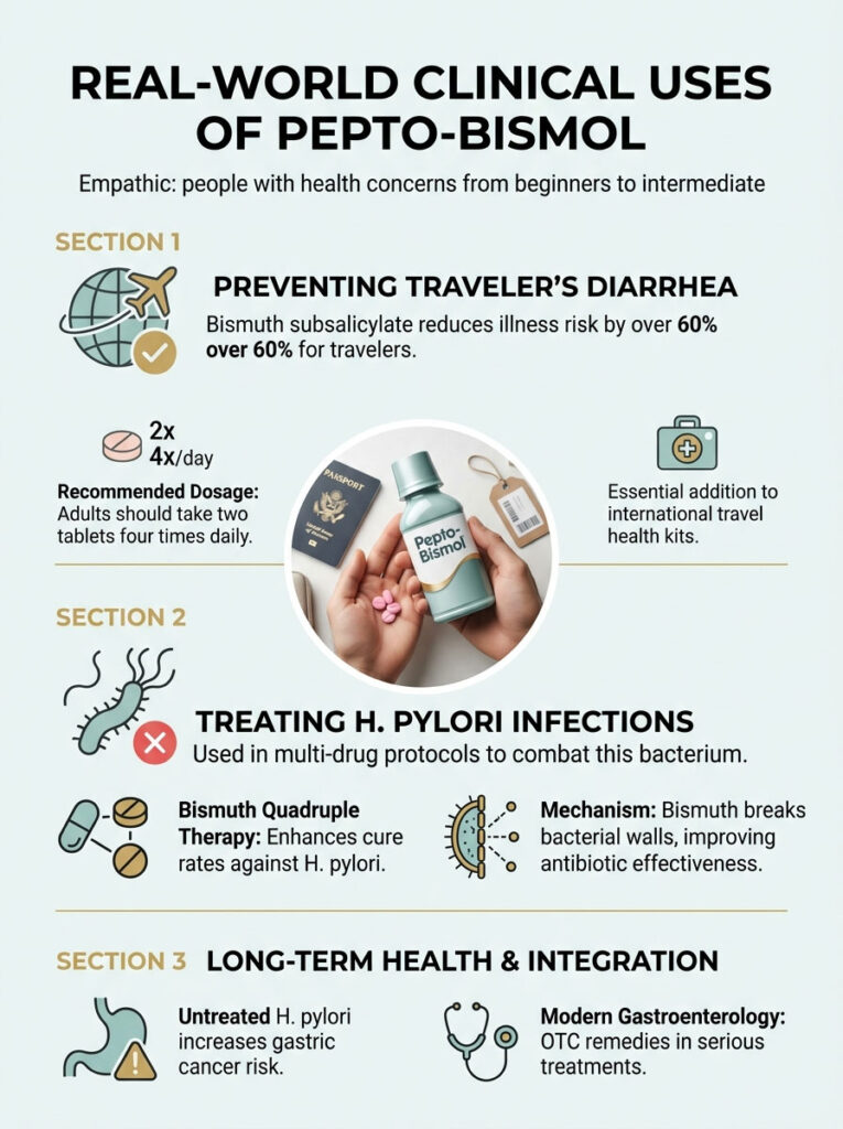 Infographic detailing Pepto-Bismol uses: preventing traveler's diarrhea, treating H. pylori, and long-term health integration.