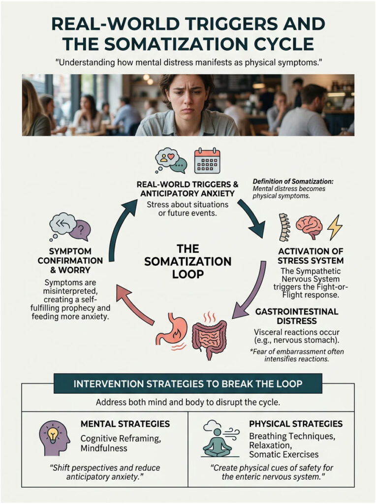 Infographic illustrating the somatization cycle with text on triggers, symptoms, and intervention strategies.