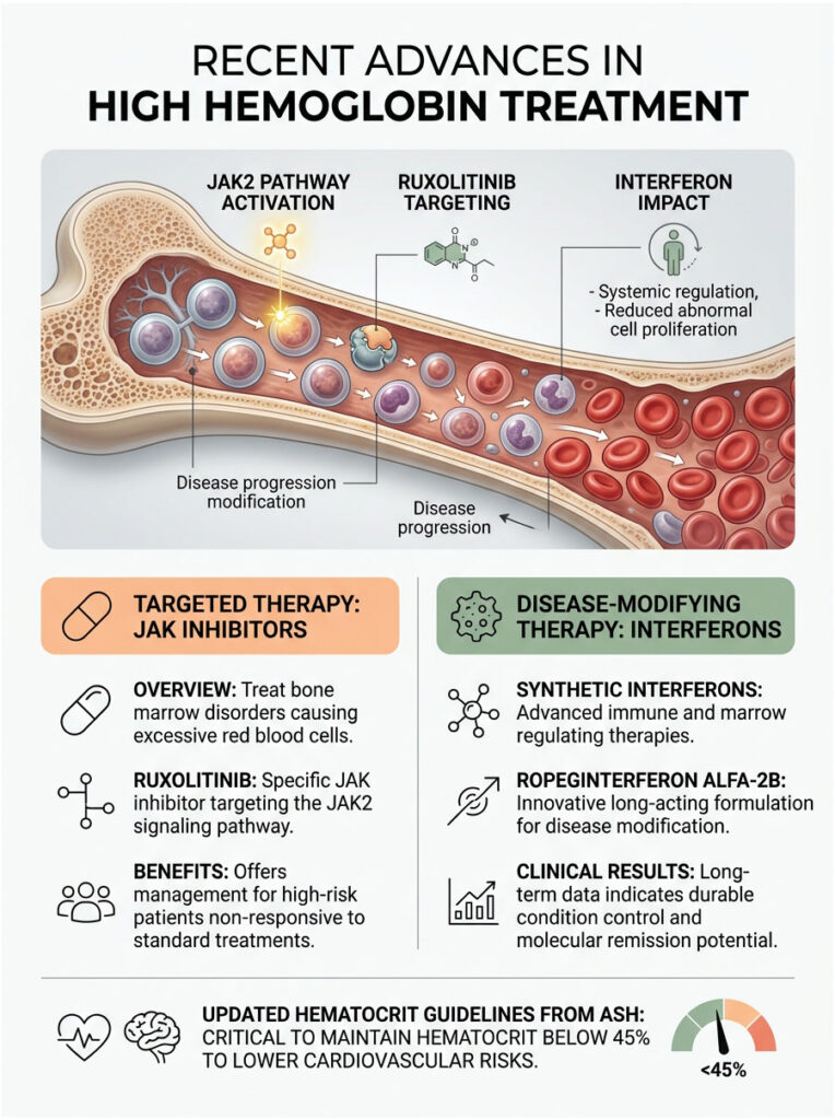 Infographic showing recent advances in high hemoglobin treatment, including JAK2 pathway activation and therapies.