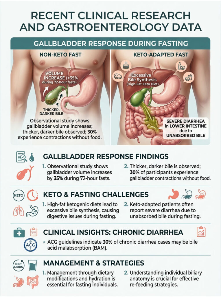 Infographic showing gallbladder response during fasting, detailing non-keto and keto-adapted fasts with illustrations and data.