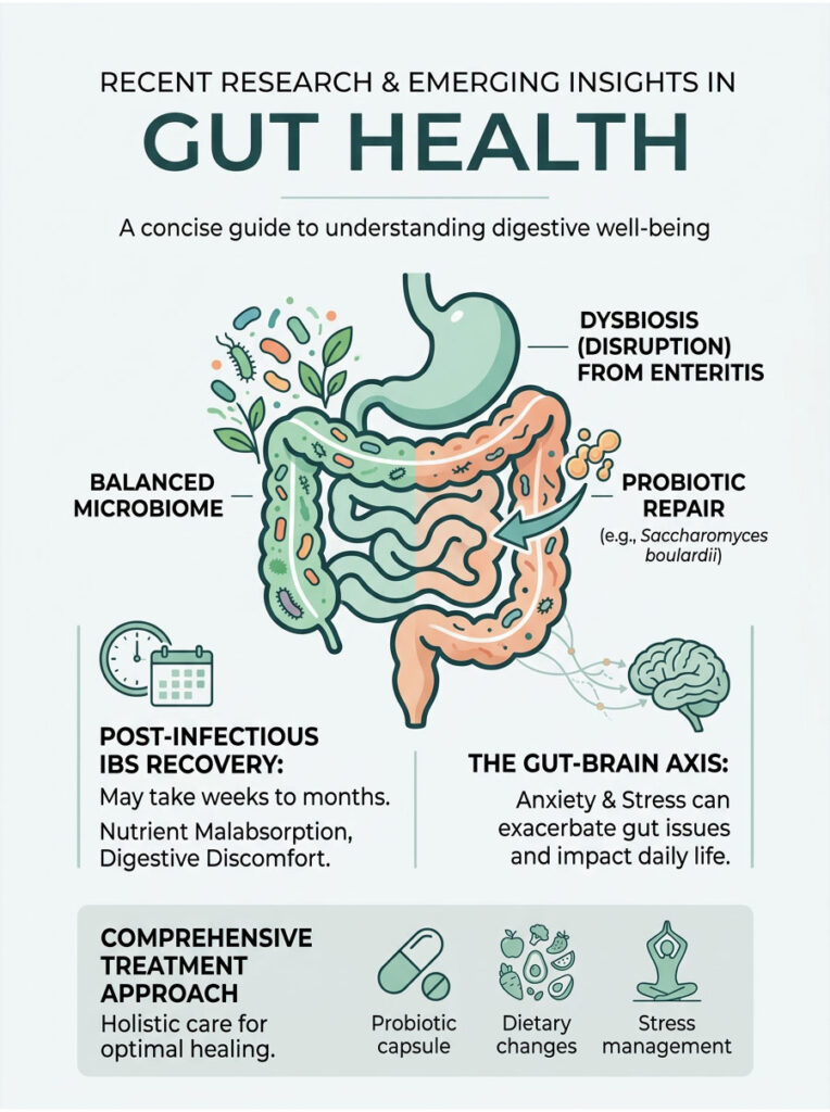 Infographic on gut health featuring a diagram of the digestive system, probiotics, and recovery insights.