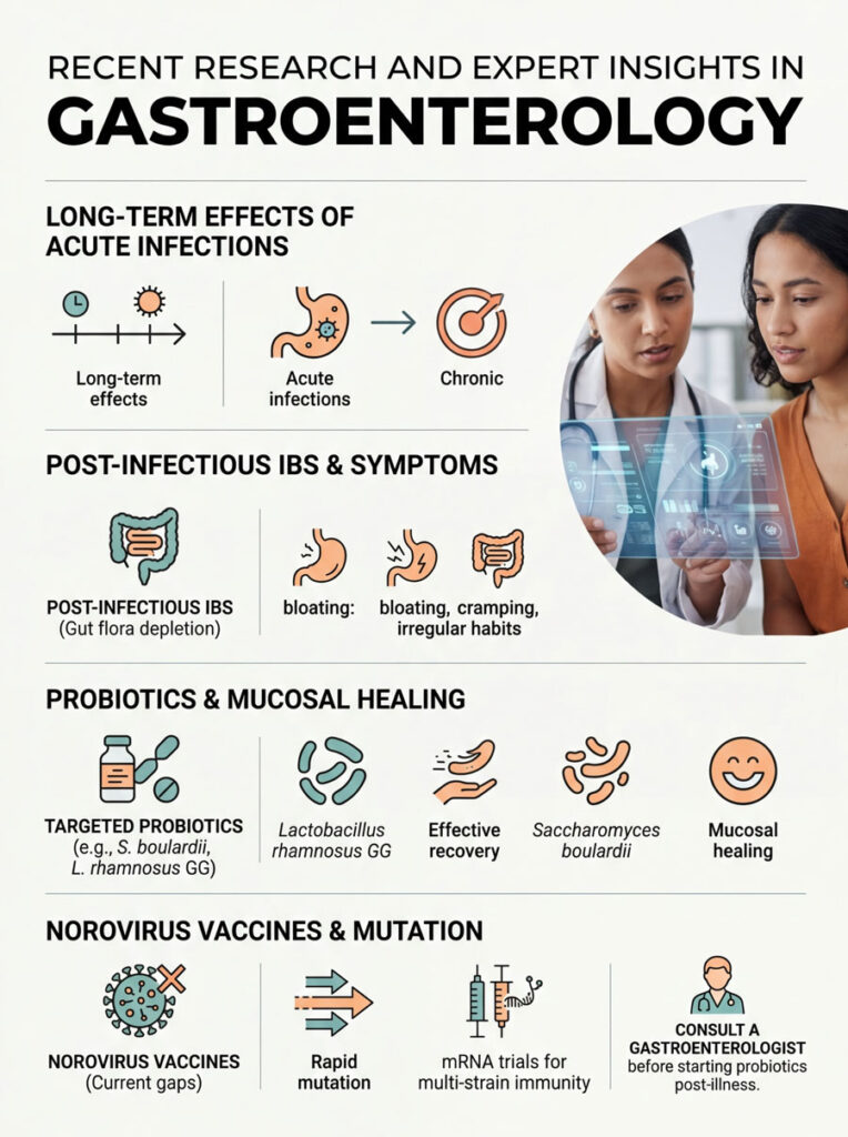 Infographic showing recent research in gastroenterology, including effects of infections, IBS symptoms, probiotics, and vaccines.